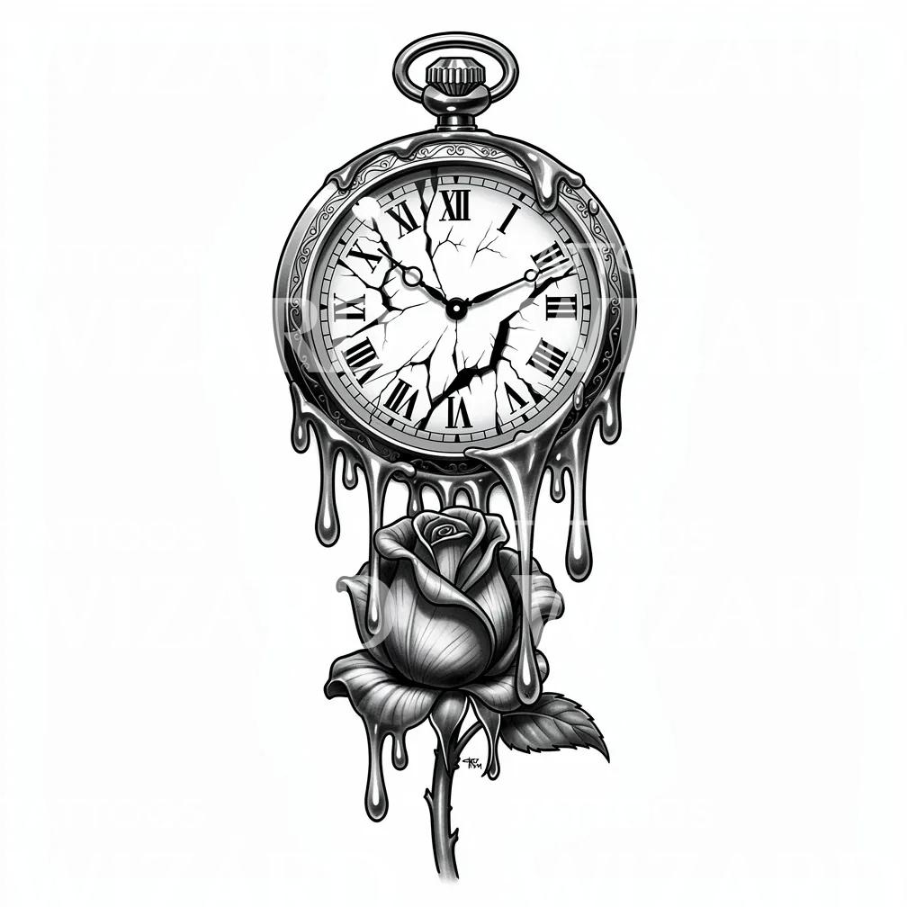 Melting Pocket Watch Rose Tattoo Design