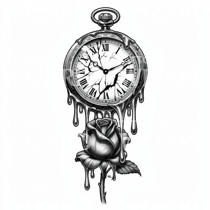 Melting Pocket Watch Rose Tattoo Design