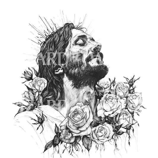 Merficul Jesus and Roses Tattoo Design