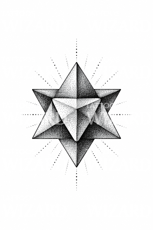 Tatuaje dotwork del tetraedro de estrella Merkaba en geometría sagrada