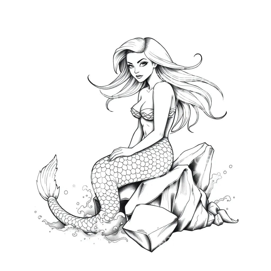 Mermaid on Rock Tattoo Design