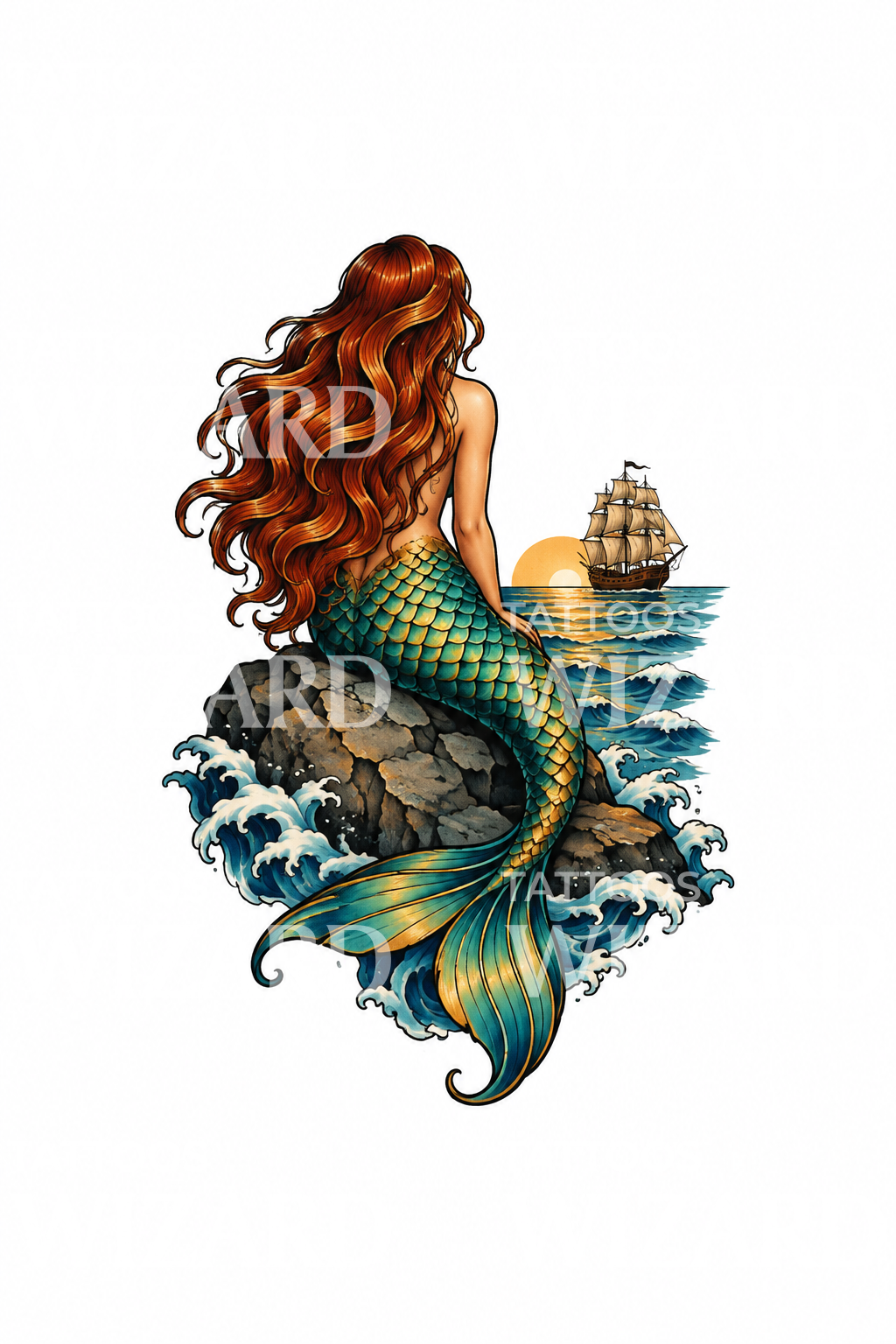 Sirena sobre una roca viendo alejarse un barco, tatuaje