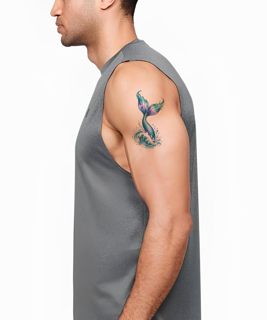 Idea per tatuaggio ad acquerello di una coda di sirena che si tuffa nell’onda