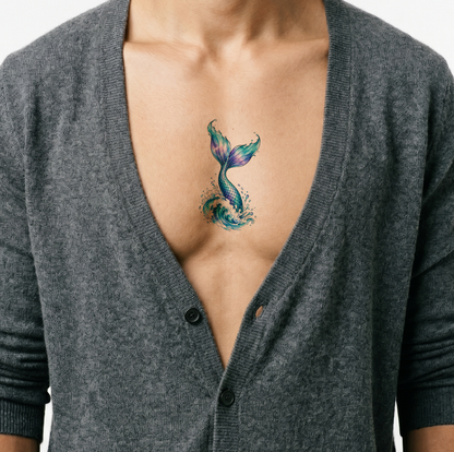Idea per tatuaggio ad acquerello di una coda di sirena che si tuffa nell’onda