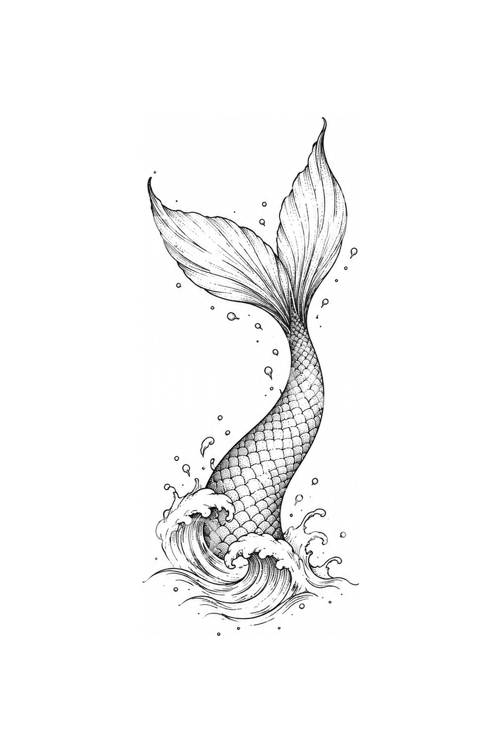 Mermaid Tail Diving into a Wave Fine Line Tattoo