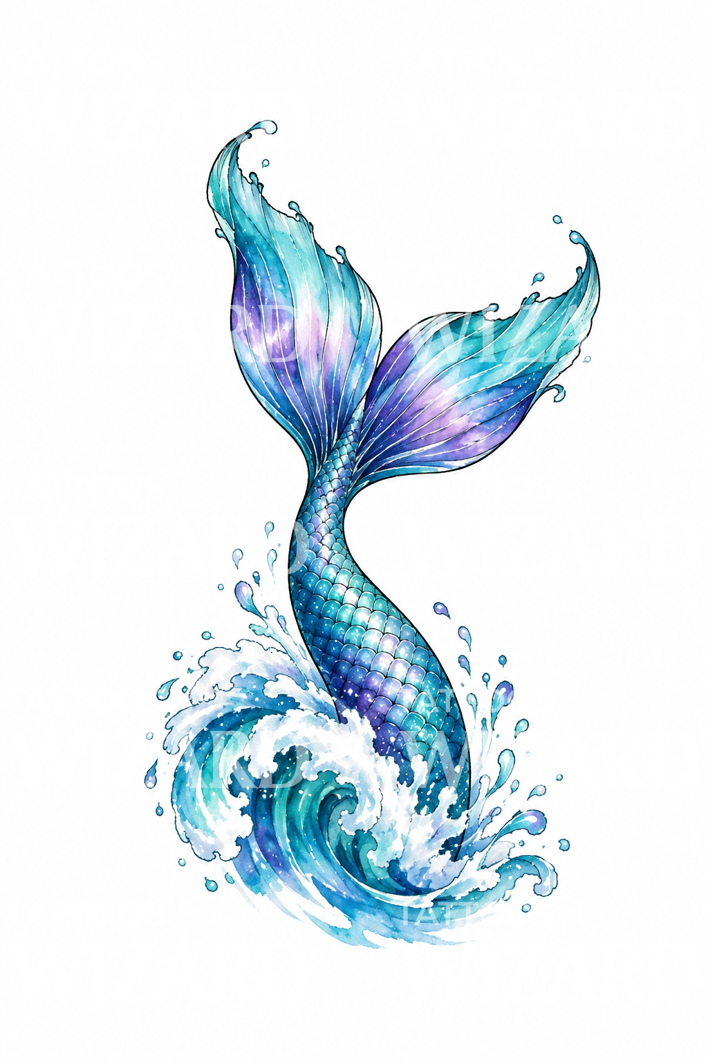 Idea per tatuaggio ad acquerello di una coda di sirena che si tuffa nell’onda