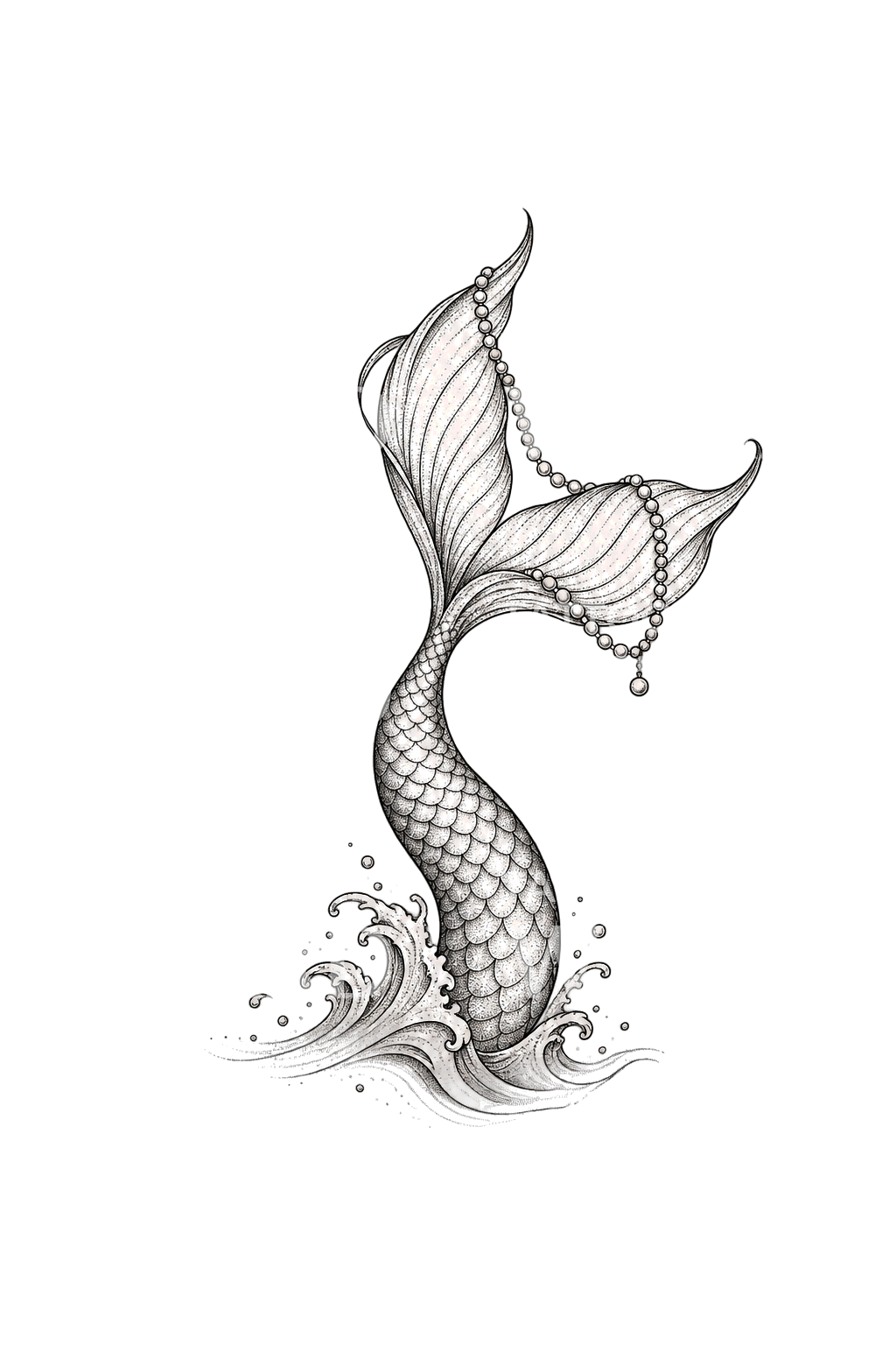 Mermaid Tail with Pearls Fine Line Tattoo