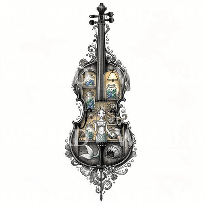 Mermaid Violin Curio Tattoo Design