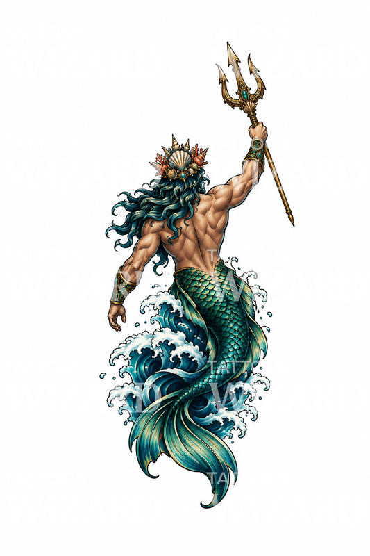 Merman Sea King Rising with Trident Tattoo Design