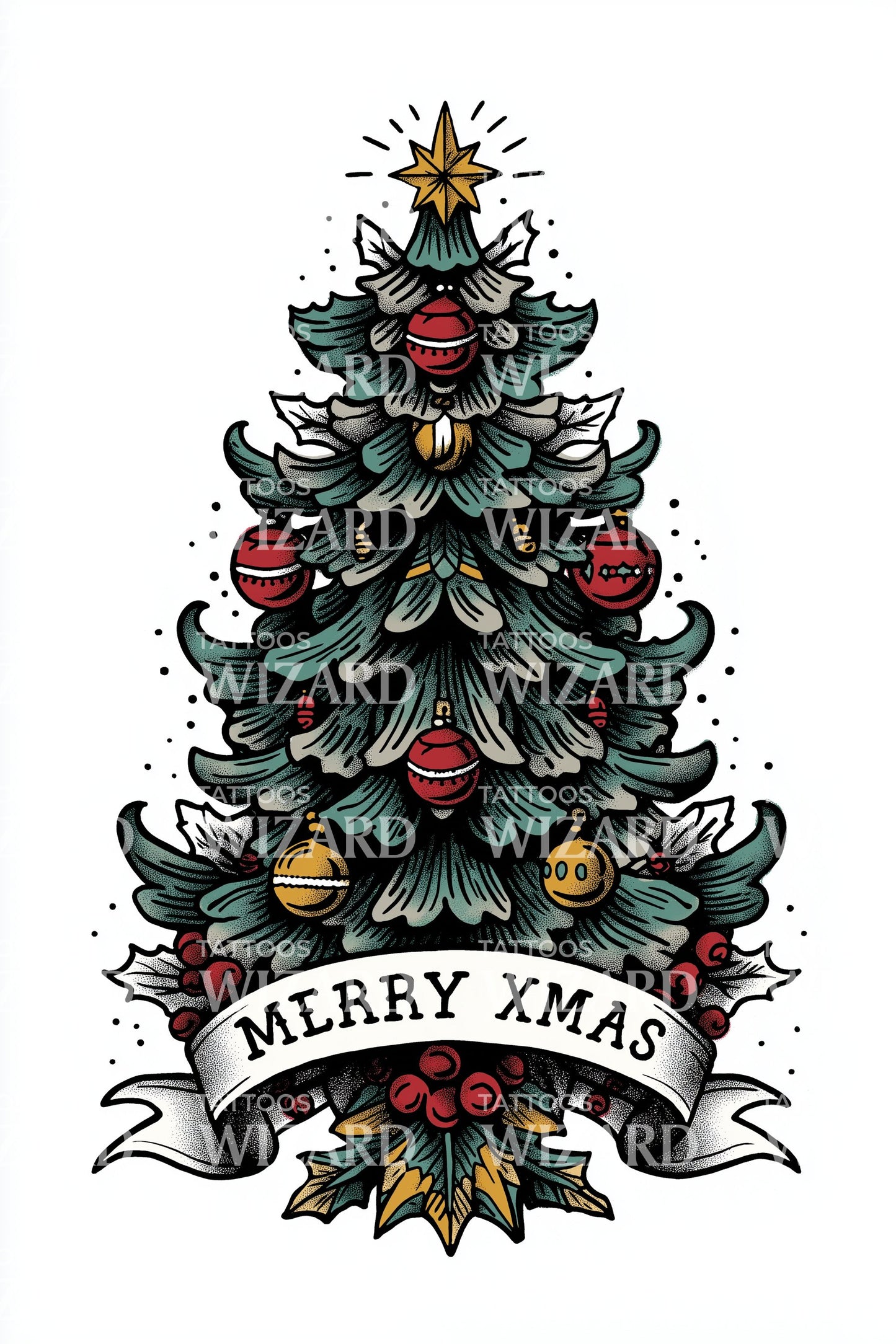 Merry Xmas Tree Tattoo Illustration