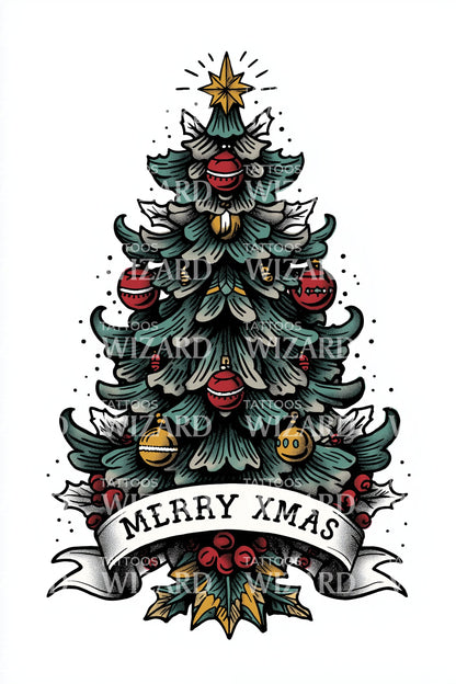 Merry Xmas Tree Tattoo Illustration