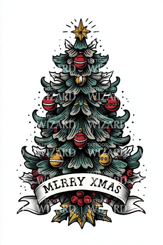 Merry Xmas Tree Tattoo Illustration