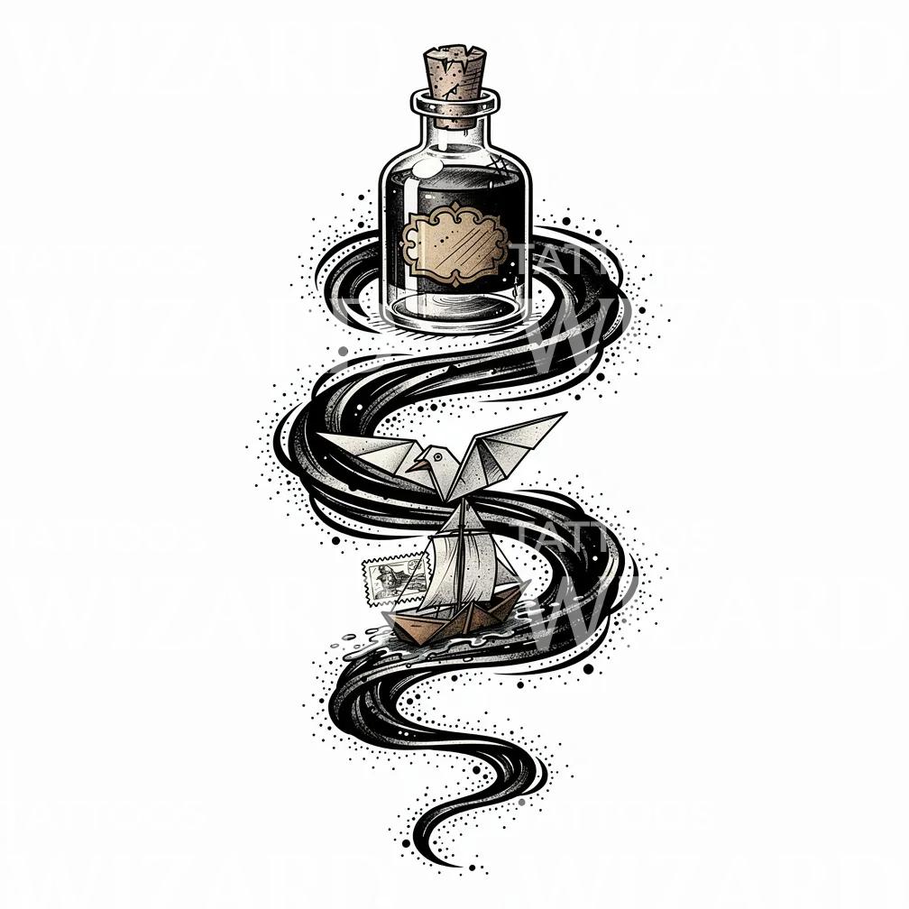 Message Bottle Journey Tattoo Design