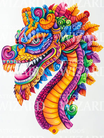 Ilustración de Tatuaje de Interpretación del Quetzalcóatl Mexicano