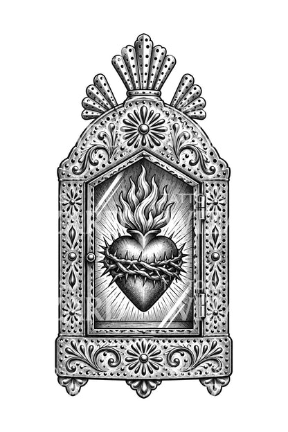 Mexican Tin Nicho Sacred Heart Tattoo Illustration