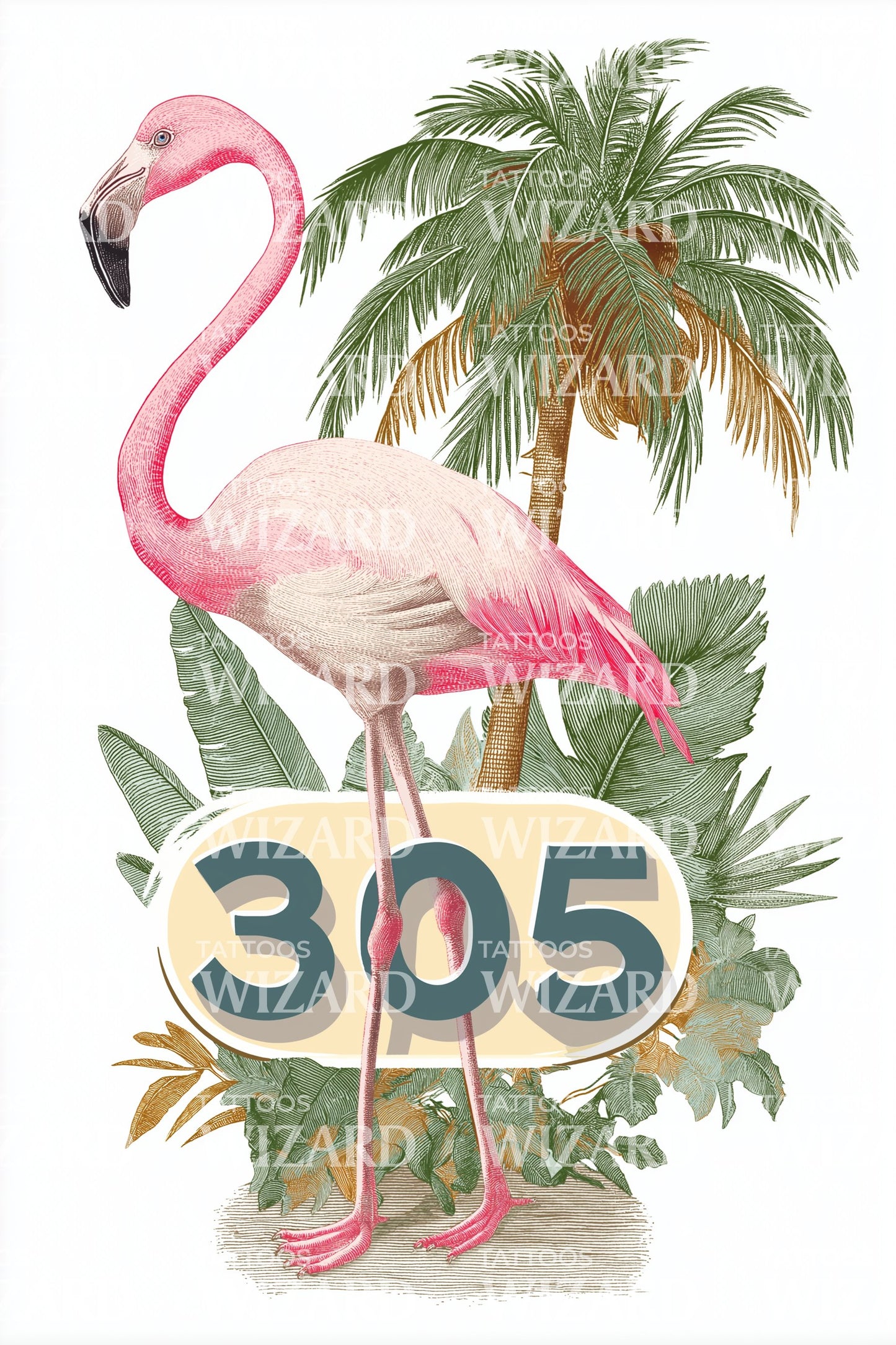 Miami 305 Flamingo Tattoo Illustration