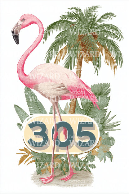 Miami 305 Flamingo Tattoo Illustration