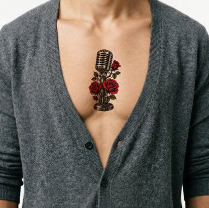 Neo Traditional Microphone and Roses Tattoo Design