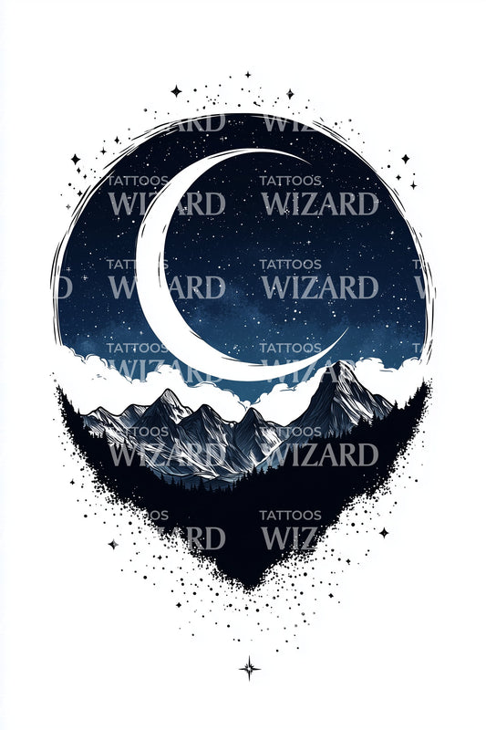 Midnight Crescent Vista Tattoo Illustration
