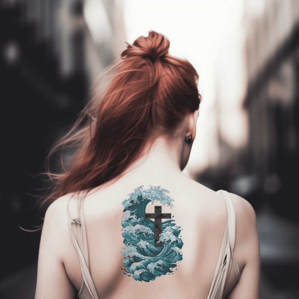 Midnight Wave Cross Tattoo Design