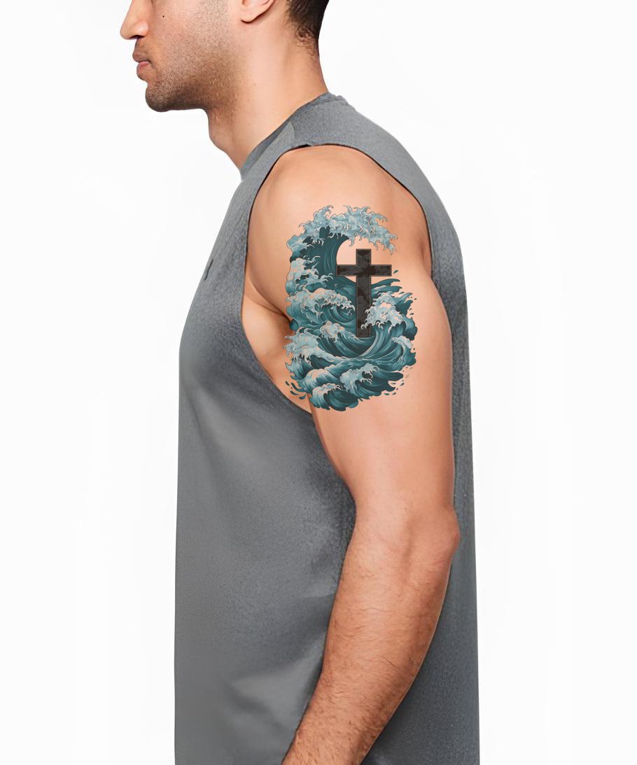Midnight Wave Cross Tattoo Design