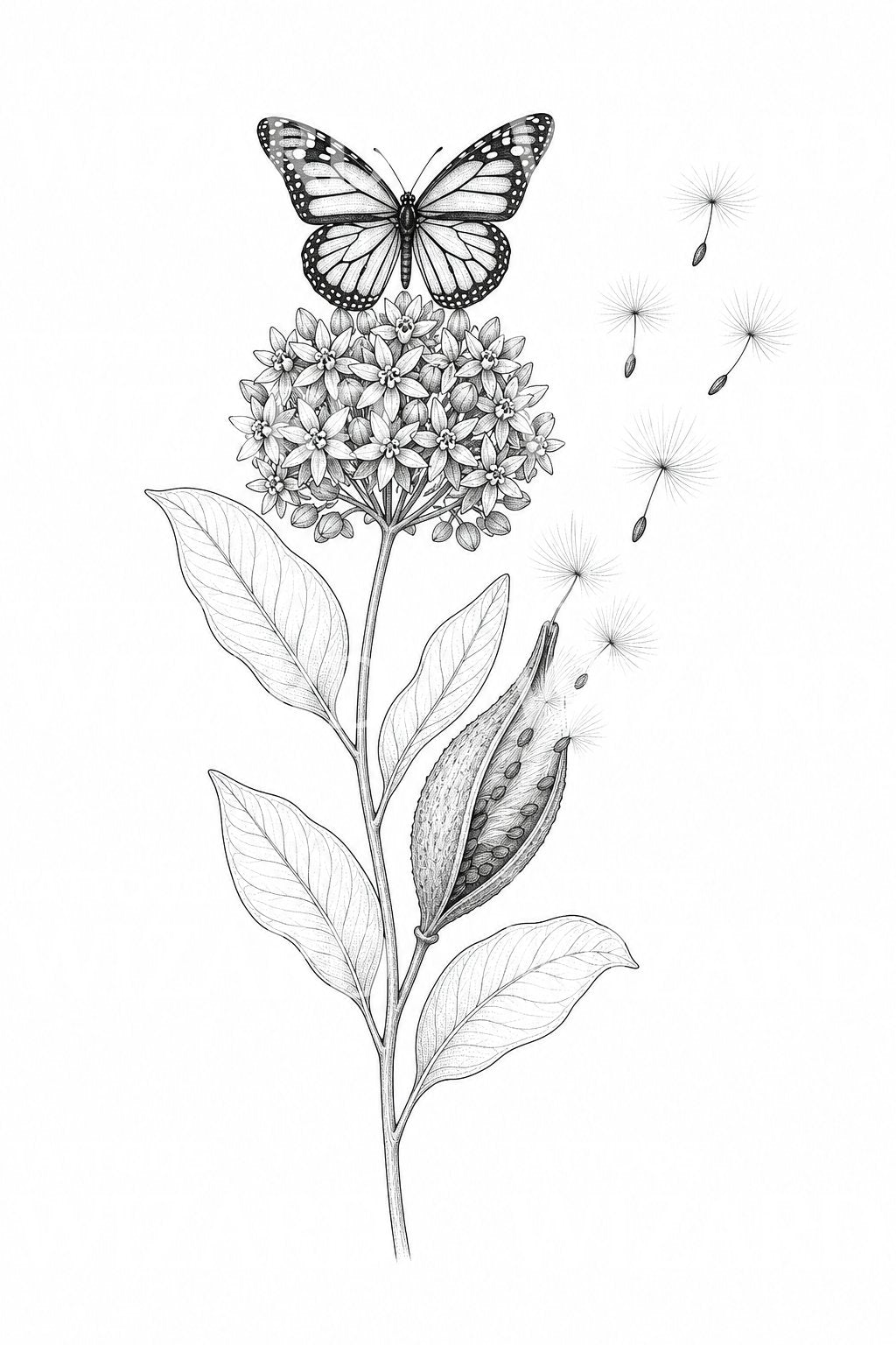 Milkweed and Monarch Fine Line Tattoo Design