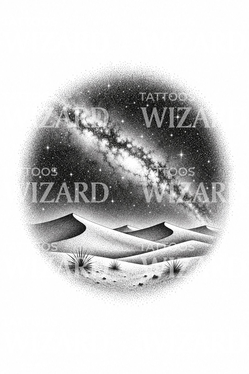 Tattoo-ontwerp van de Melkweg boven woestijnduinen