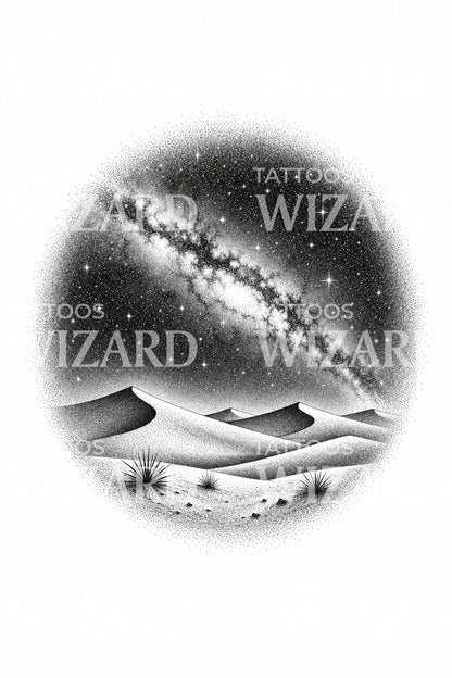 Tattoo-ontwerp van de Melkweg boven woestijnduinen