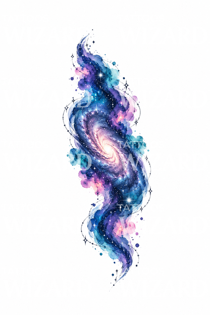 Akvarelový tetovací motiv galaxie Mléčné dráhy