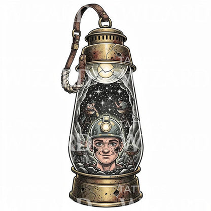 Miner Lantern Scene Tattoo Design