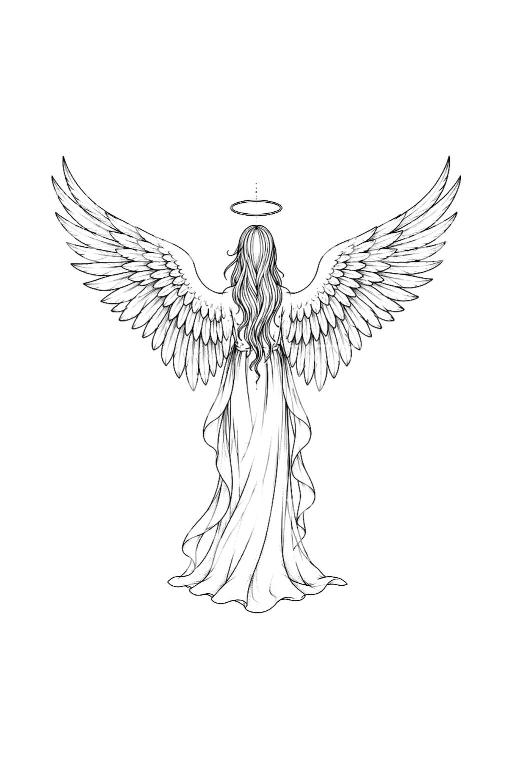 Diseño de tatuaje de ángel minimalista de espaldas con halo