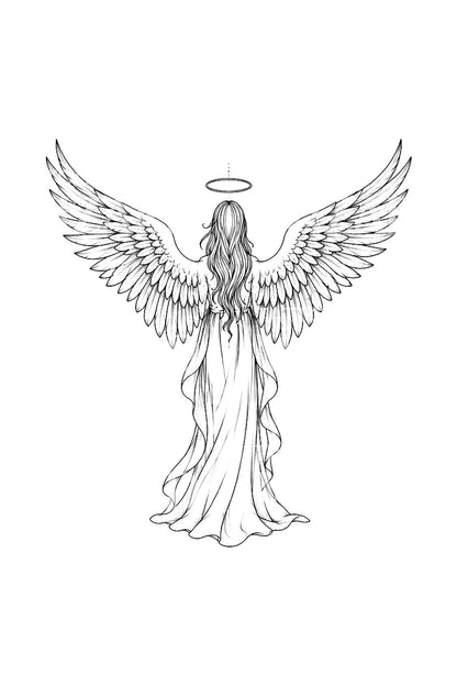 Diseño de tatuaje de ángel minimalista de espaldas con halo