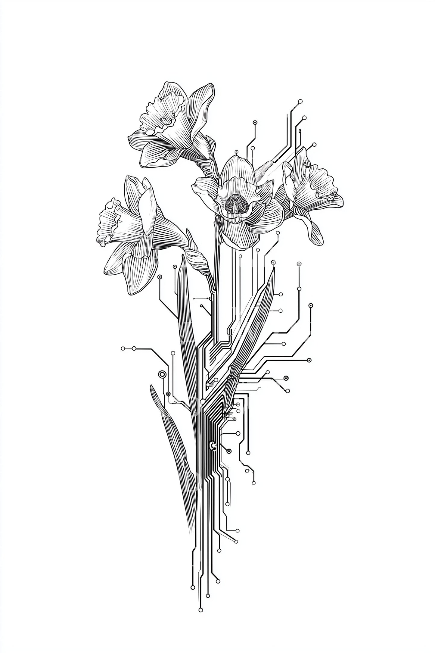 Minimalistický botanický návrh tetování s kyticemi narcisů