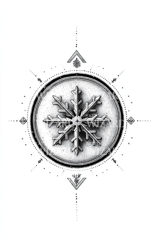 Minimal Compass Snowflake Tattoo Design