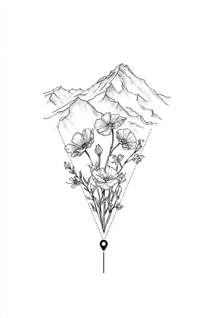 Minimal Mountain Florals Tattoo Idea