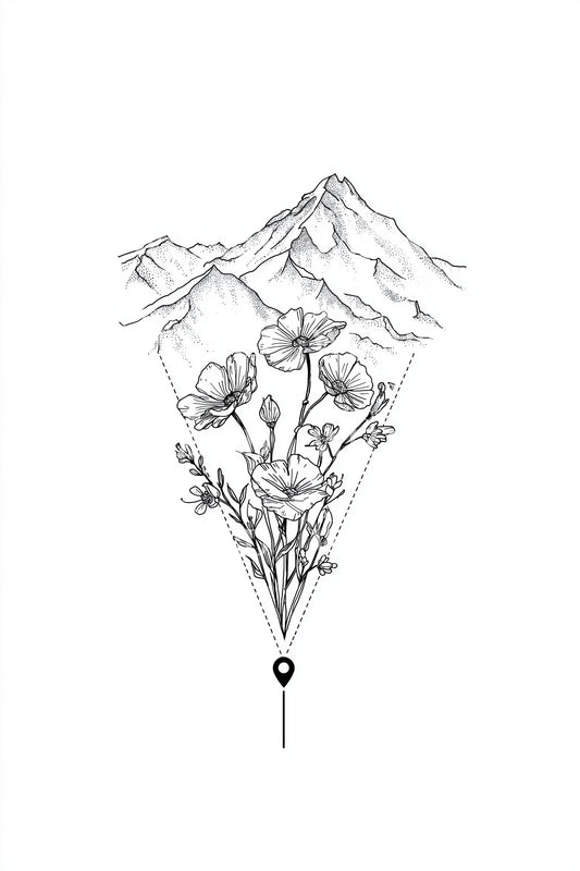 Minimal Mountain Florals Tattoo Idea
