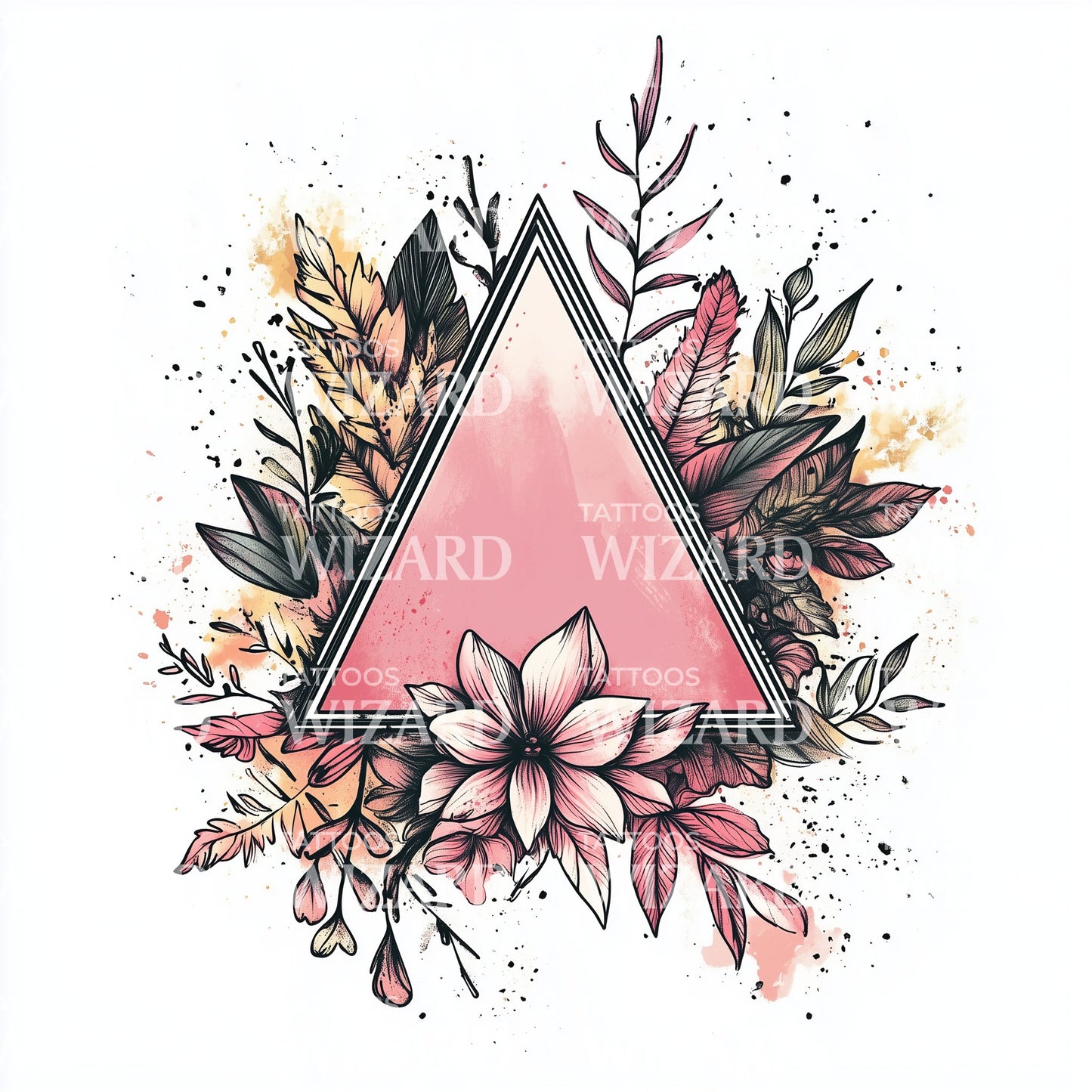 Minimal Pink Triangle with Delicate Leaves Tattoo Illustration