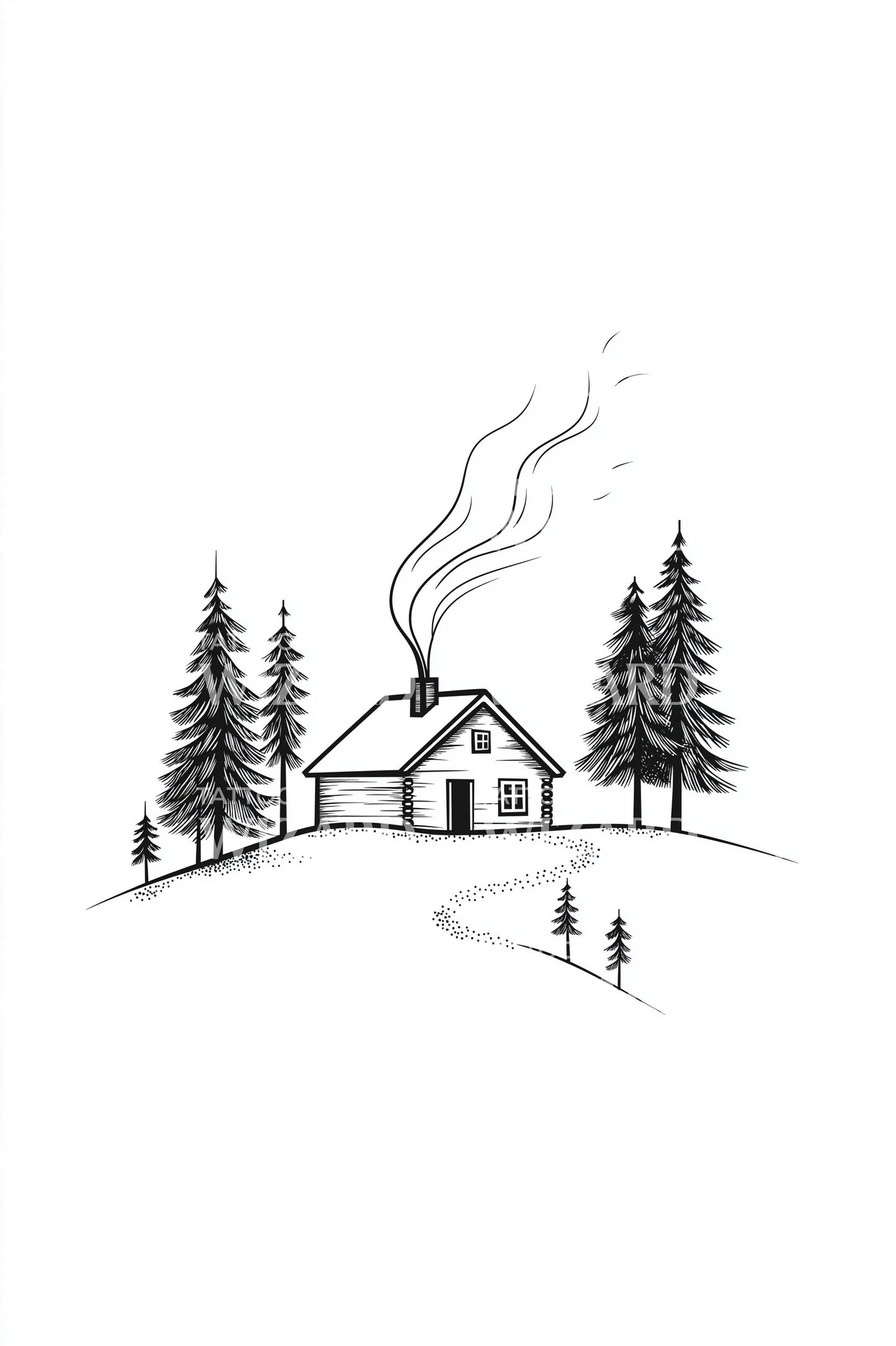 Minimal Winter Cabin Tattoo Design