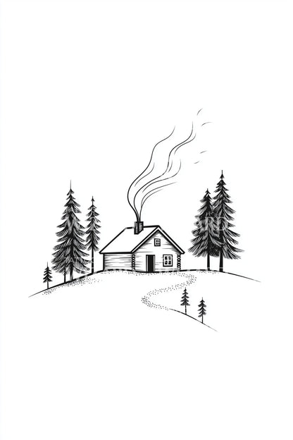 Minimal Winter Cabin Tattoo Design
