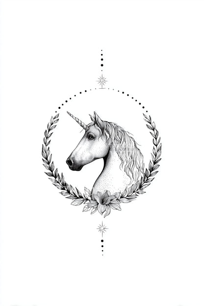 Design di tatuaggio unicorno con ghirlanda minimalista