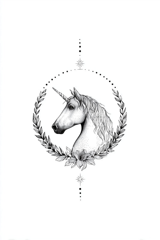 Design di tatuaggio unicorno con ghirlanda minimalista