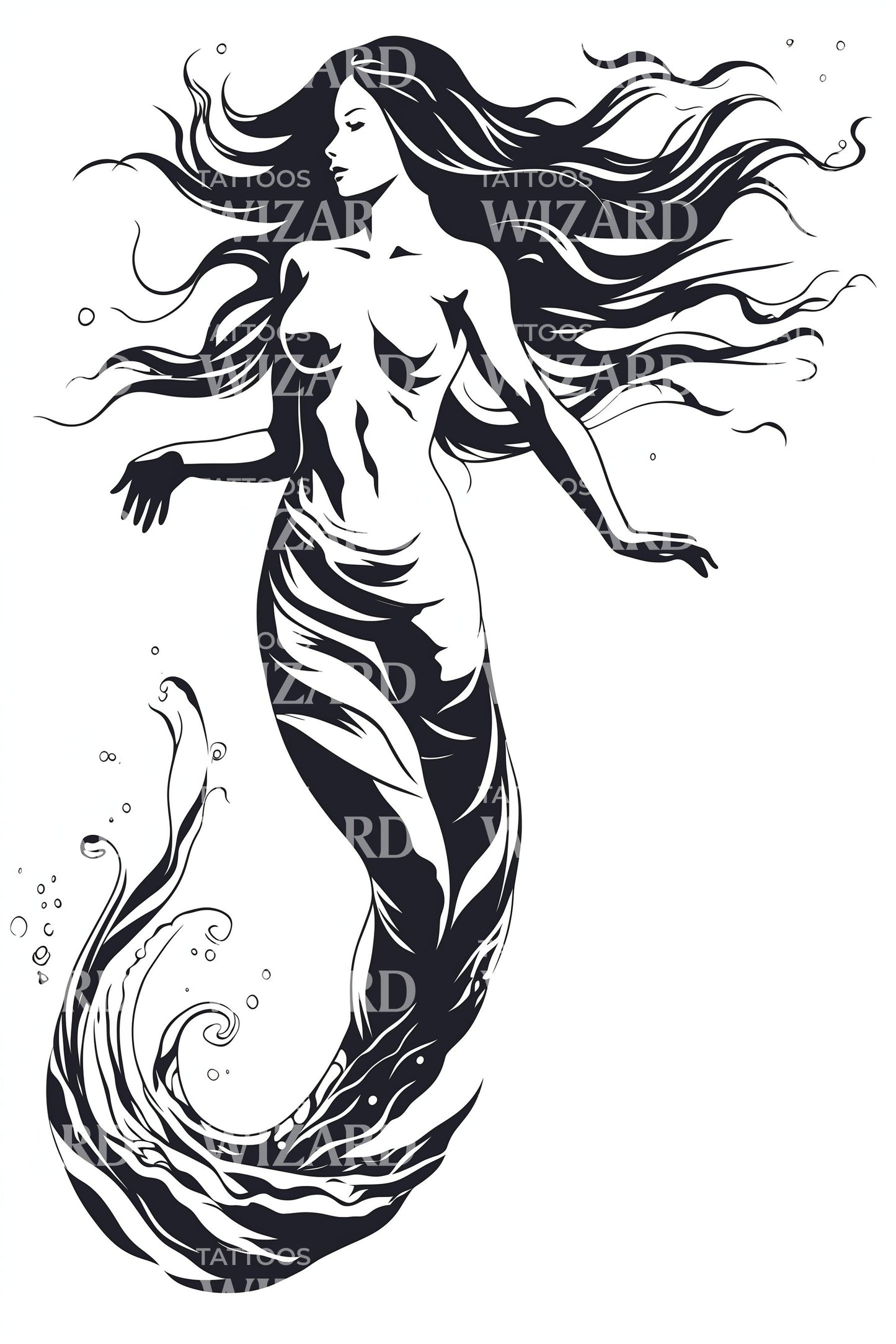 Minimalist Mermaid With Flowing Hair Tattoo Design