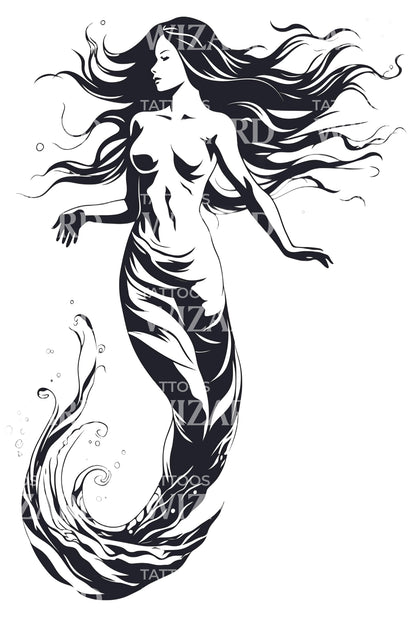 Minimalist Mermaid With Flowing Hair Tattoo Design