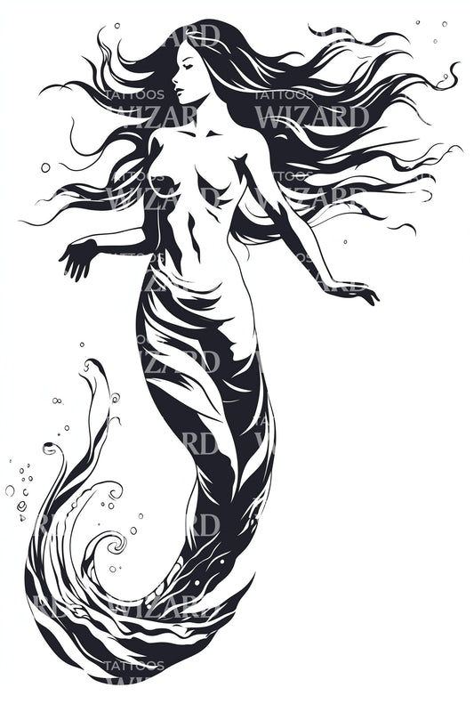 Minimalist Mermaid With Flowing Hair Tattoo Design