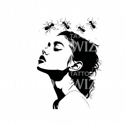 Minimalist Woman Portrait Ant Tattoo Design