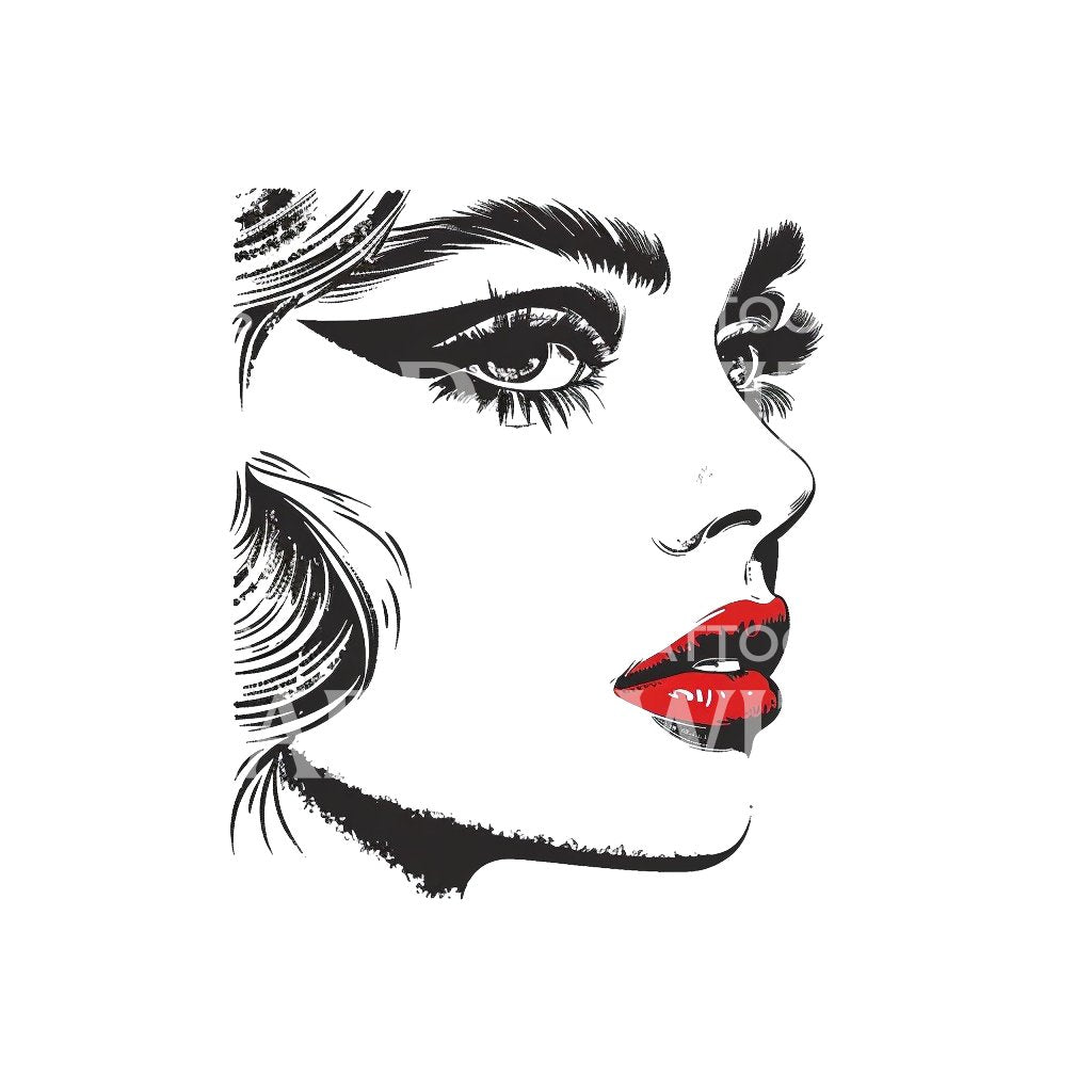 Minimalist Woman with Red Lips Tattoo Design