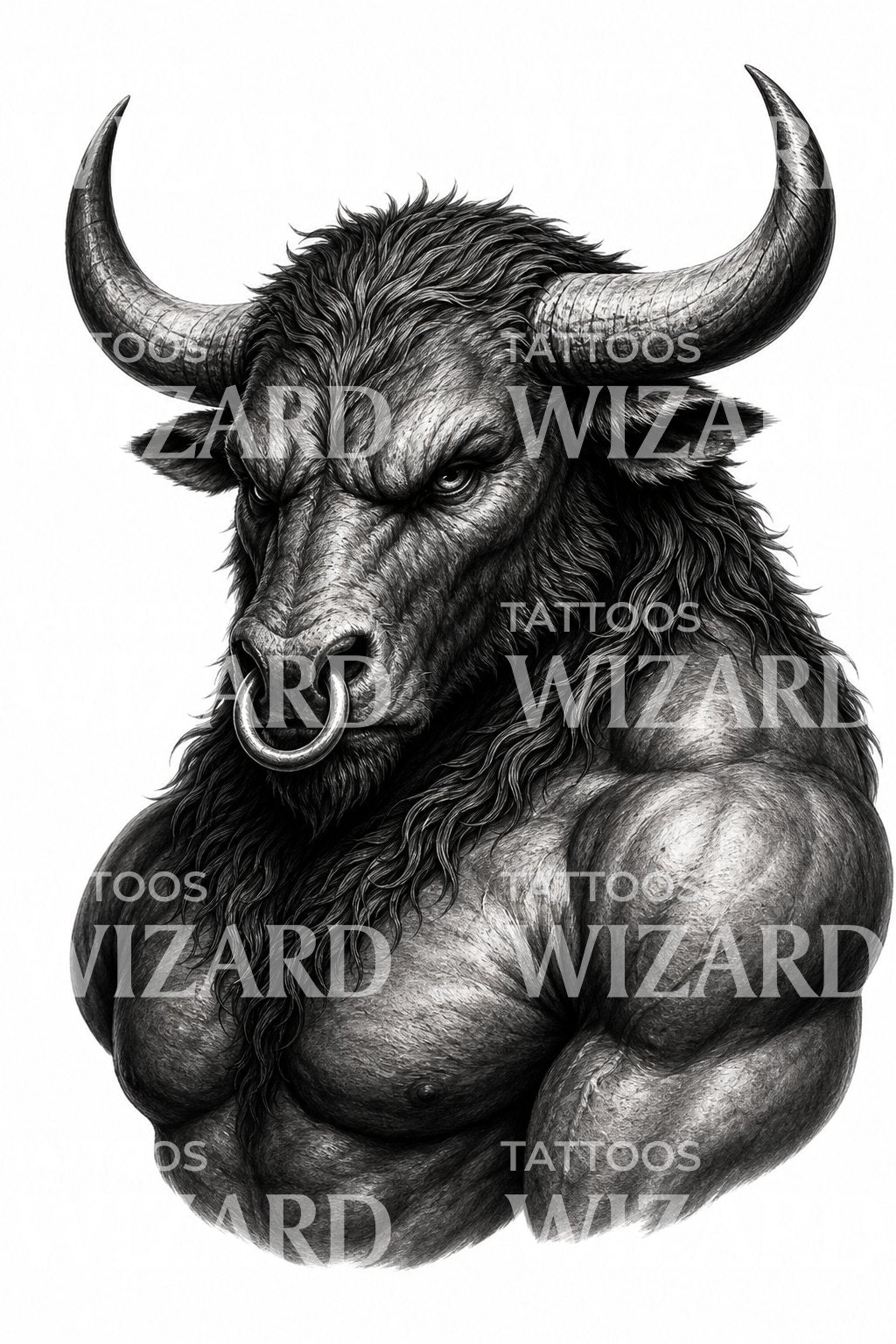 Minotaur Black and Grey Tattoo Design
