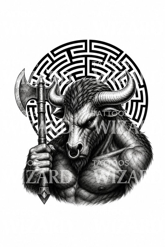 Motif de tatouage Minotaure, labyrinthe et hache
