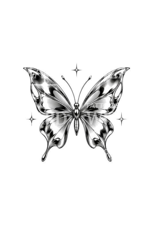 Mirror Wing Metallic Butterfly Tattoo Design