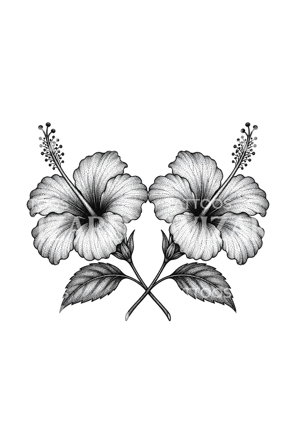Peilatut hibiskukset, dotwork-tatuointisuunnitelma